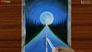 نقاشی جاده و ماه با مداد شمعی