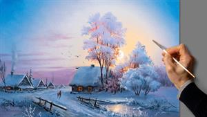 نقاشی منظره اکریلیک - غروب زمستان