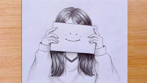 دختری احساسات خود را با شکلک صورتک پنهان می کند - طراحی مداد