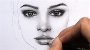 طراحی و سایه زدن صورت یک زن با مداد گرافیتی